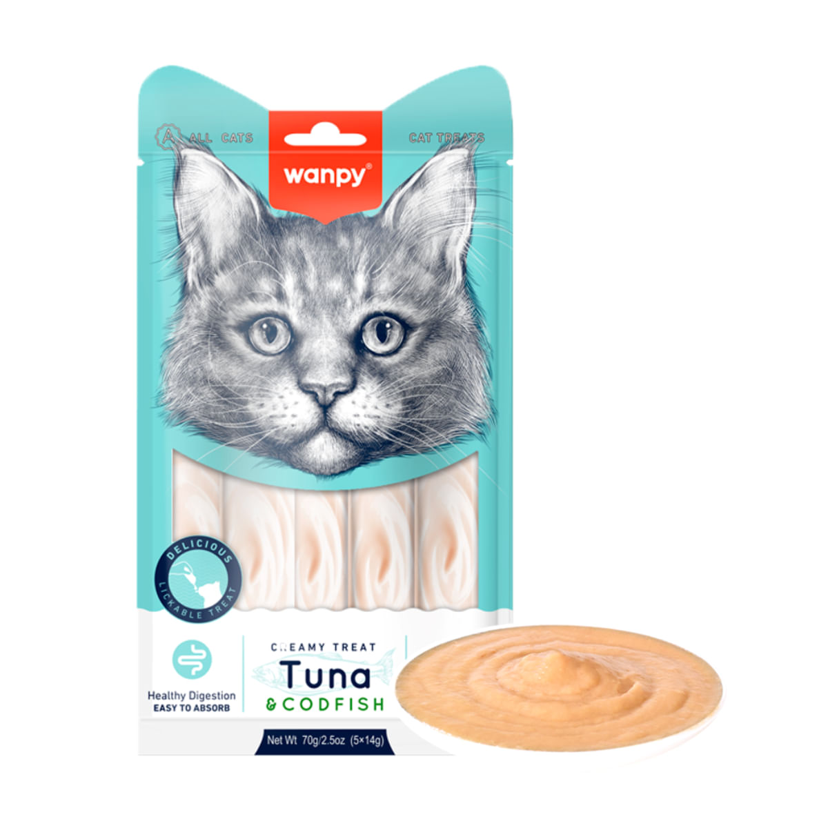 WANPY Creamy Treat, Ton și Cod, punguță recompense pisici, (piure), 350g - poza 2