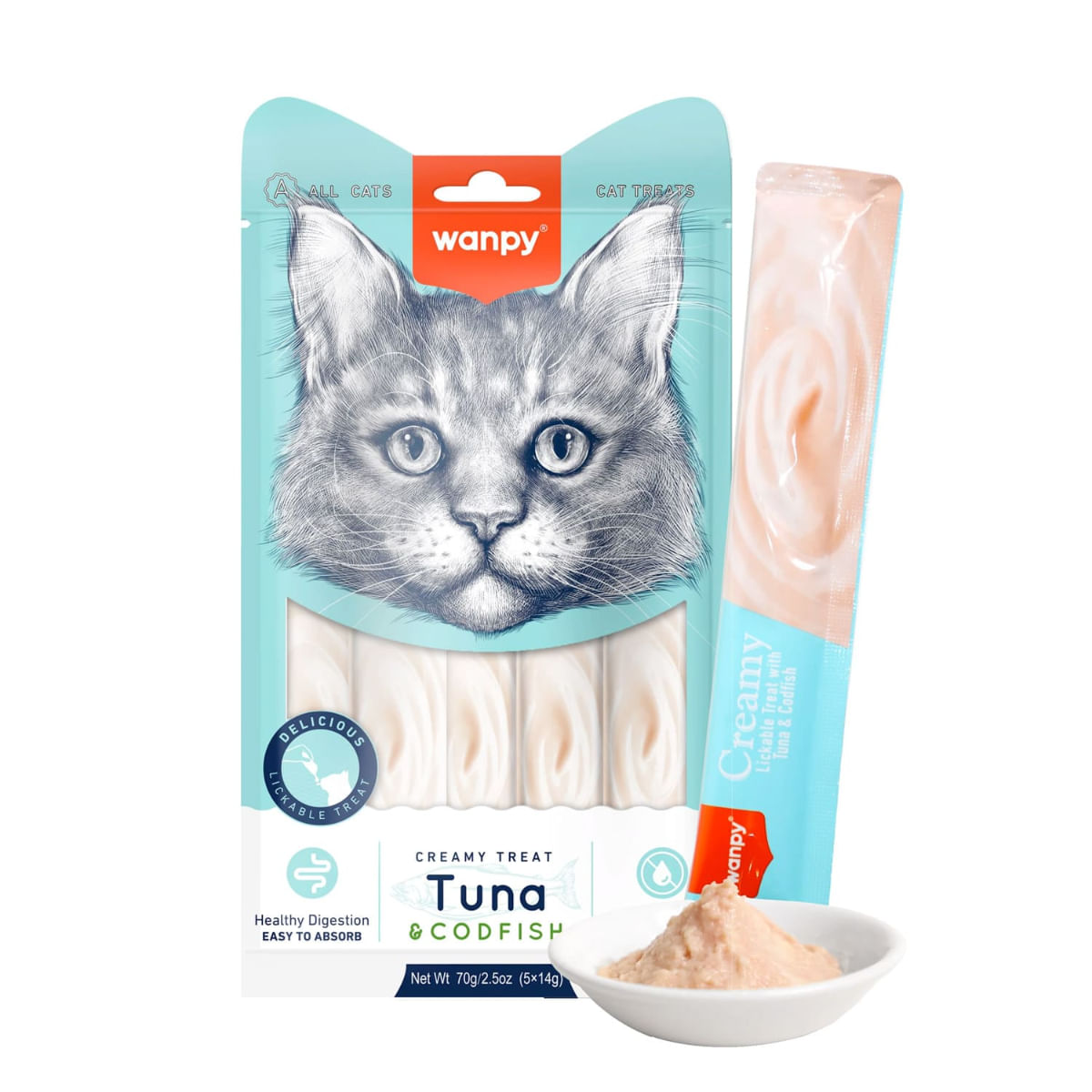 WANPY Creamy Treat, Ton și Cod, punguță recompense pisici, (piure), 70g - poza 1