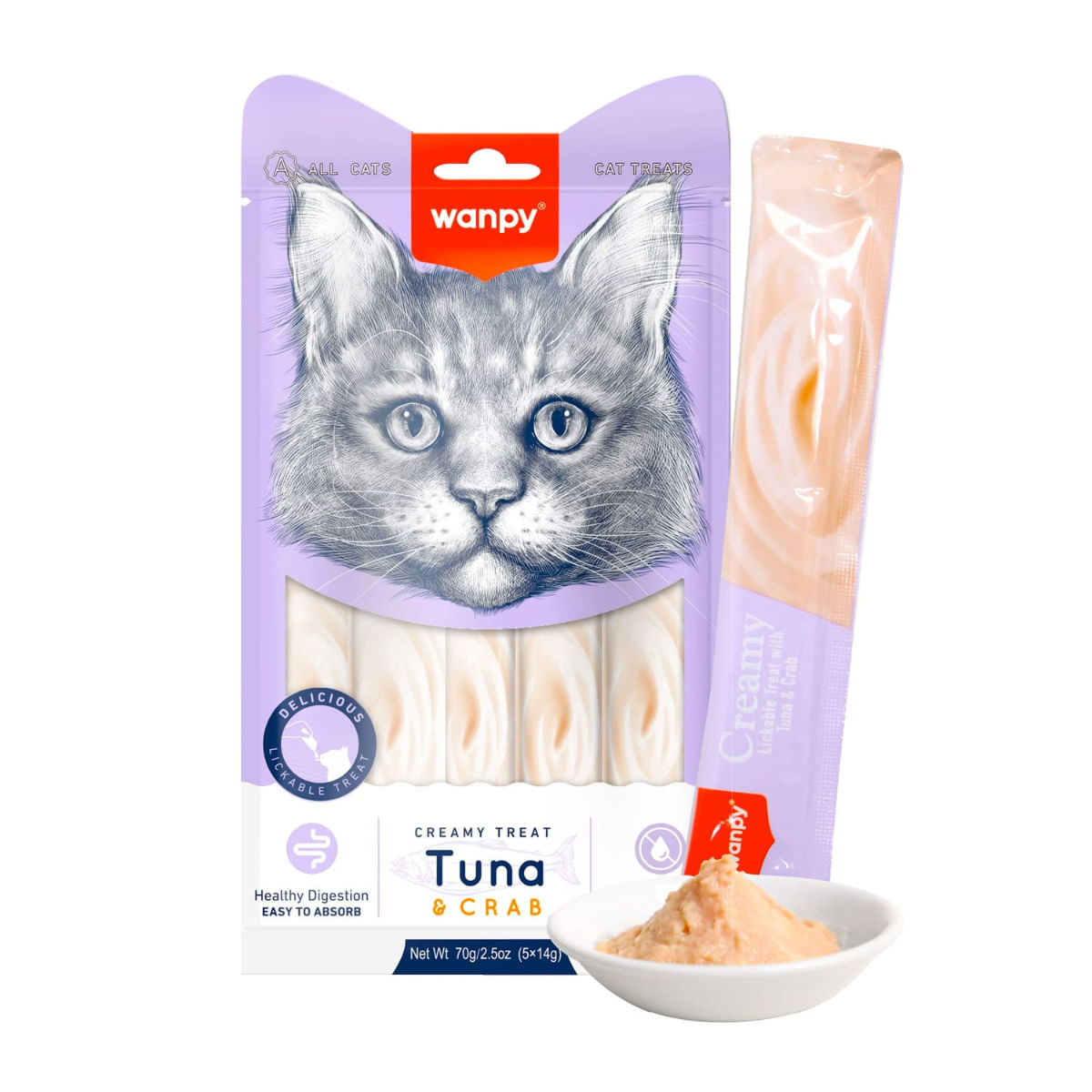 WANPY Creamy Treat, Ton și Crab, punguță recompense pisici, (piure), 70g - poza 2