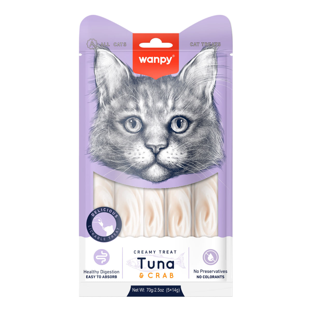 WANPY Creamy Treat, Ton și Crab, punguță recompense pisici, (piure), 70g - poza 3