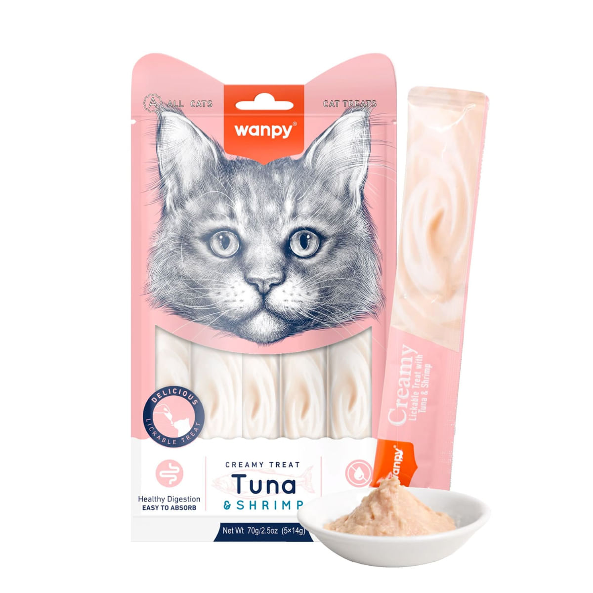 WANPY Creamy Treat, Ton și Creveți, punguță recompense pisici, (piure), 70g - poza 1