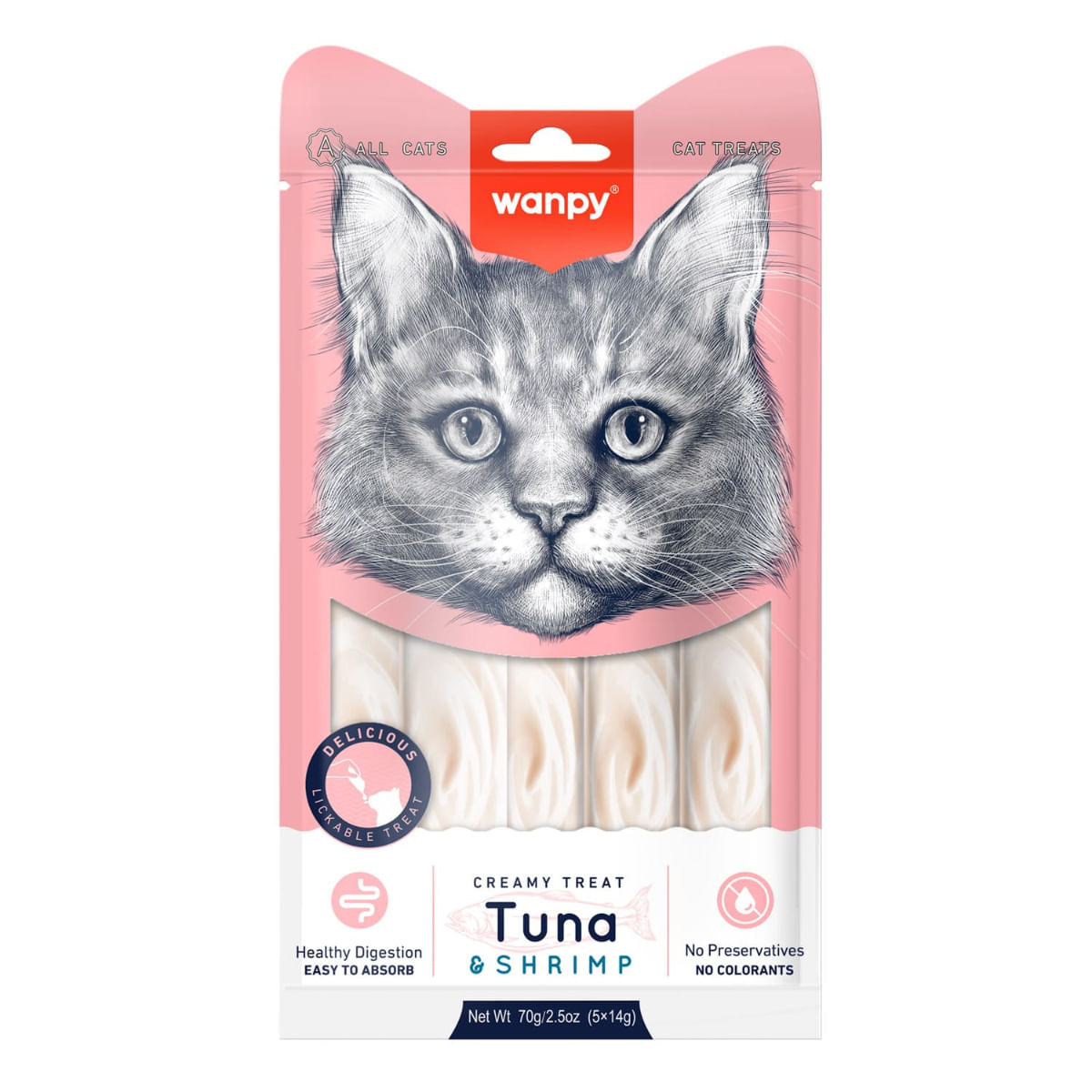 WANPY Creamy Treat, Ton și Creveți, punguță recompense pisici, (piure), 70g - poza 3