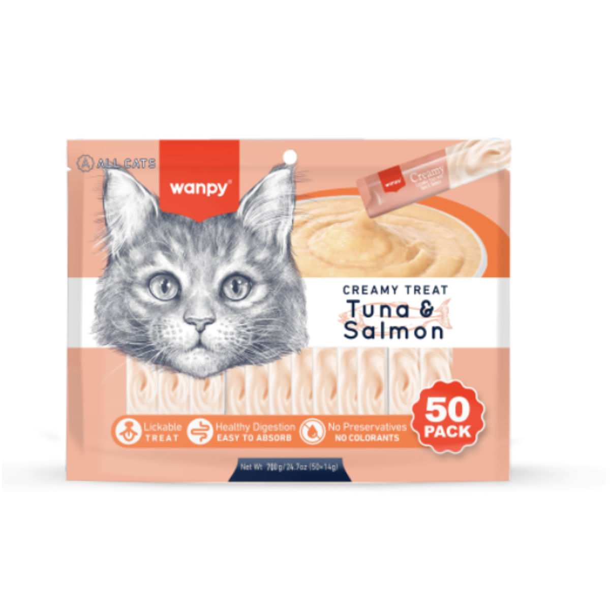 WANPY Creamy Treat, Ton și Somon, punguță recompense pisici, (piure), 700g - poza 2