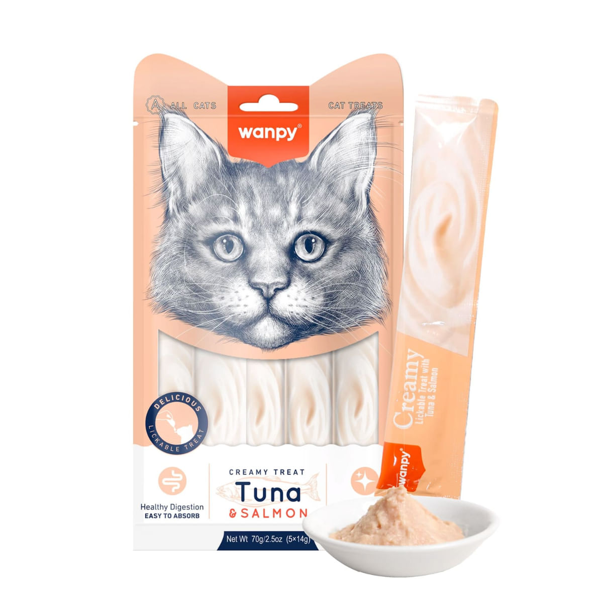 WANPY Creamy Treat, Ton și Somon, punguță recompense pisici, (piure), 70g - poza 2