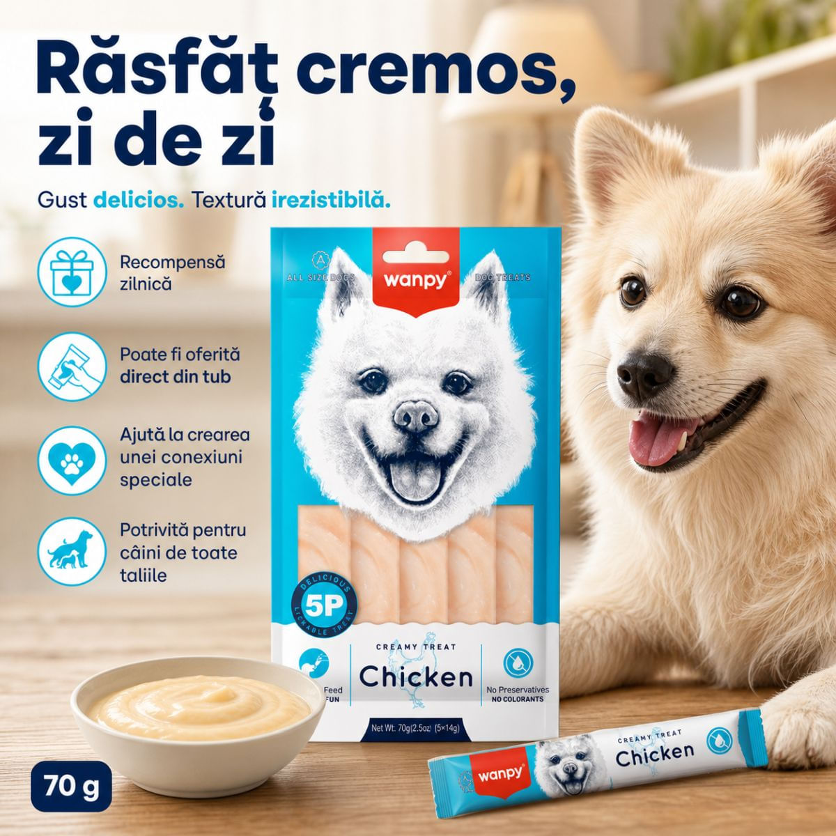 WANPY Creamy Treat, XS-XL, Pui, punguță recompense câini, (piure), 70g - poza 3