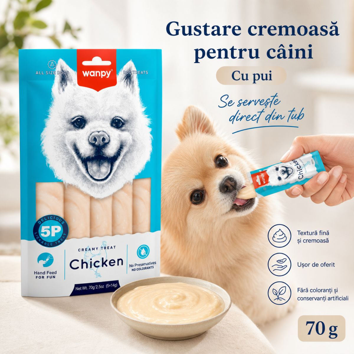 WANPY Creamy Treat, XS-XL, Pui, punguță recompense câini, (piure), 70g - poza 4