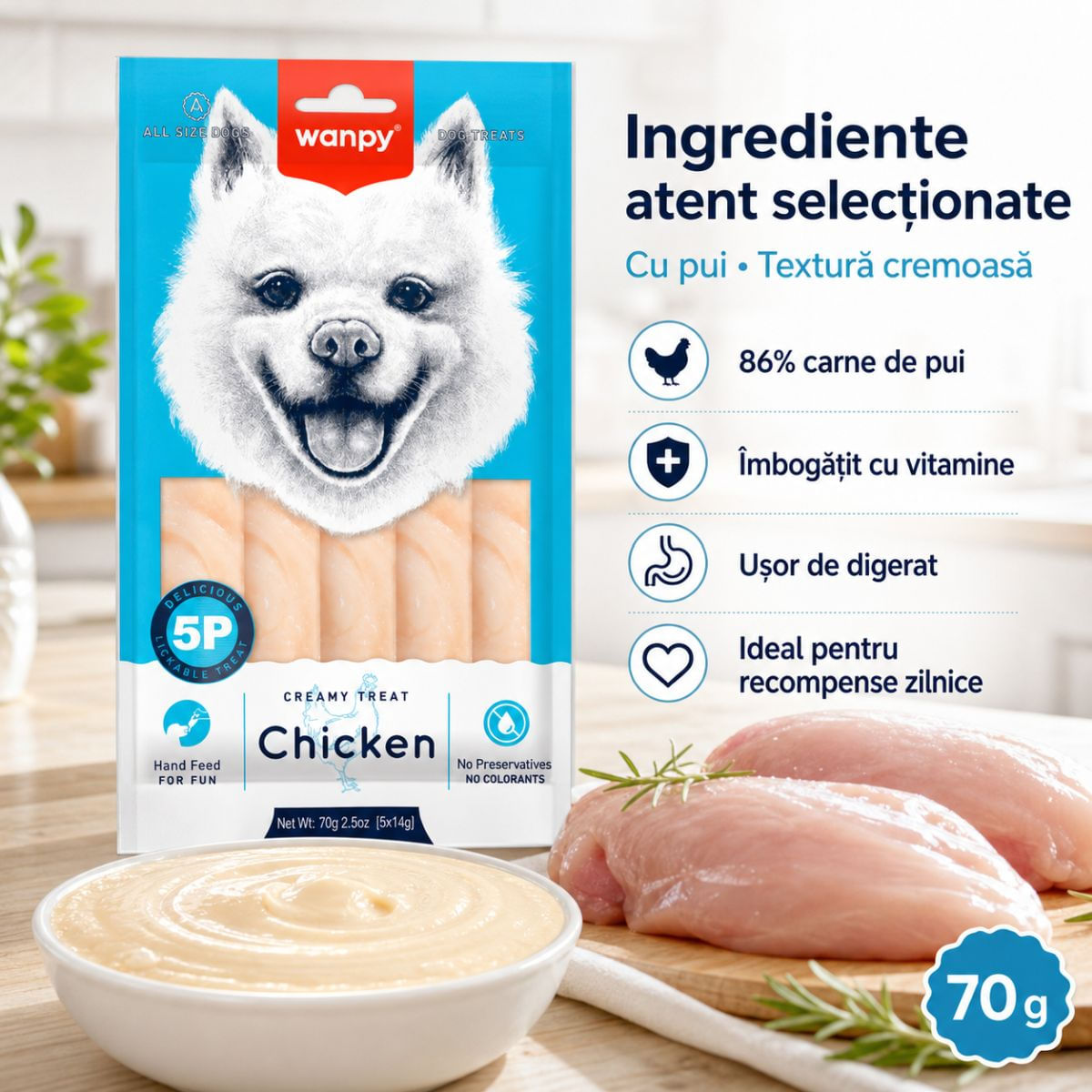 WANPY Creamy Treat, XS-XL, Pui, punguță recompense câini, (piure), 70g - poza 5