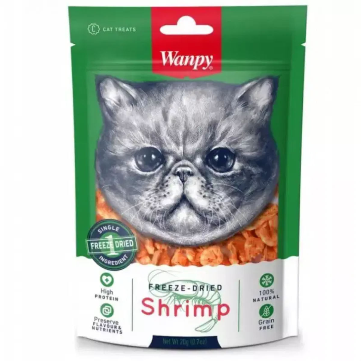 WANPY Freeze Dried, Creveți, punguță recompense monoproteice pisici, 20g - poza 2