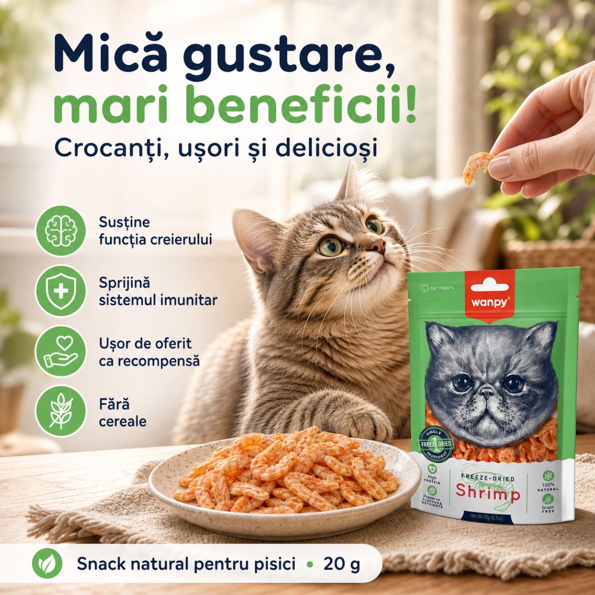 WANPY Freeze Dried, Creveți, punguță recompense monoproteice pisici, 20g - poza 3