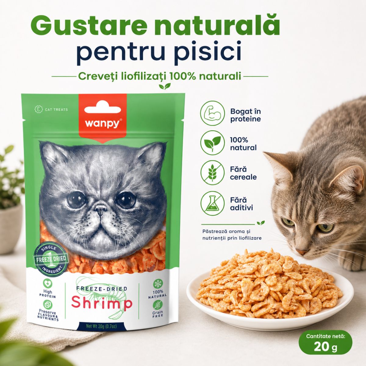 WANPY Freeze Dried, Creveți, punguță recompense monoproteice pisici, 20g - poza 4