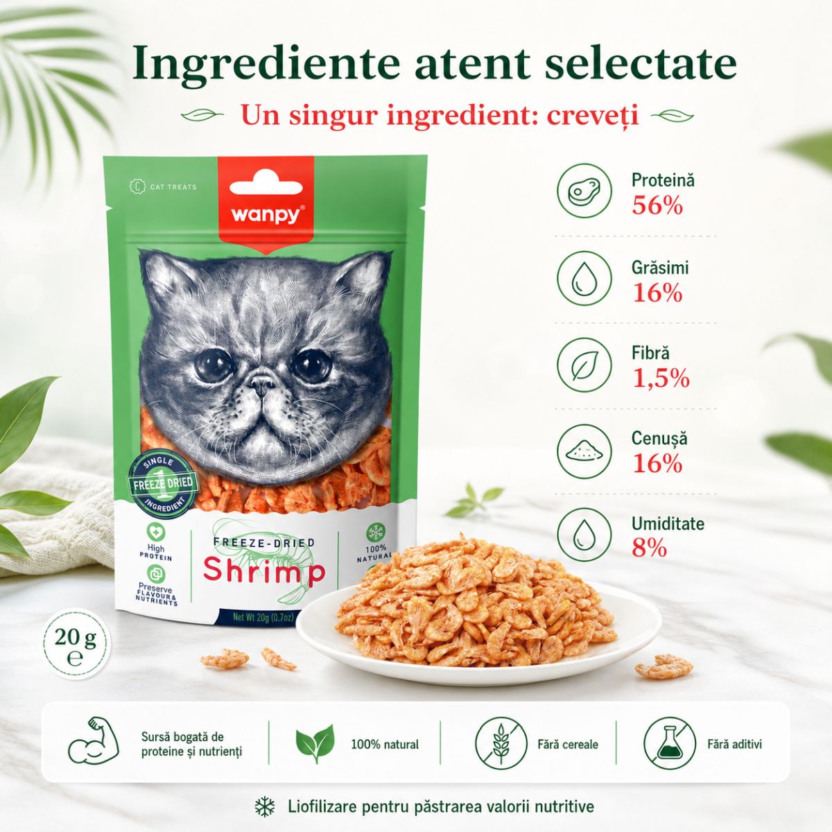 WANPY Freeze Dried, Creveți, punguță recompense monoproteice pisici, 20g - poza 5
