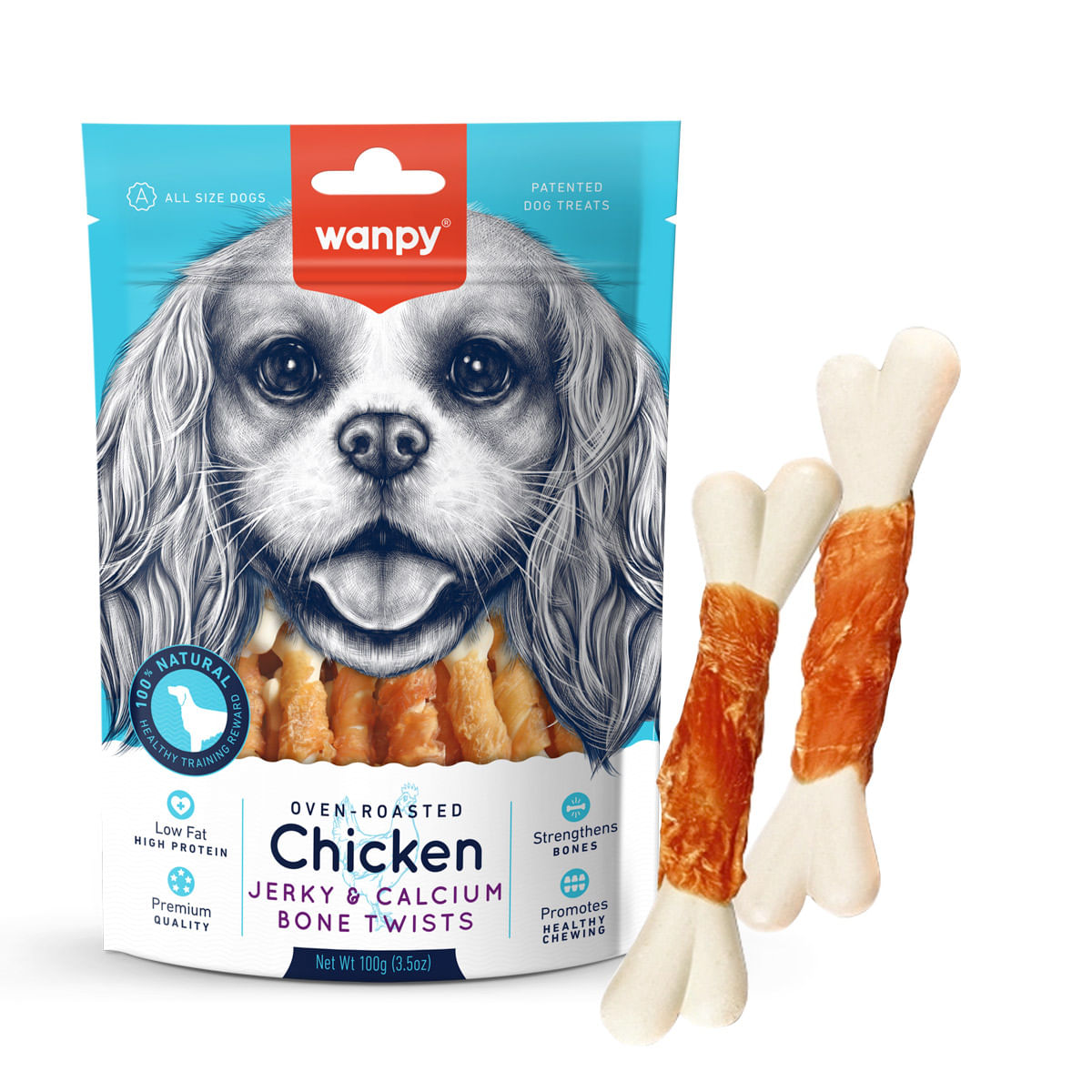 WANPY Jerky and Calcium Bone Twists, XS-M, Pui, punguță recompense câini, 100g - poza 1
