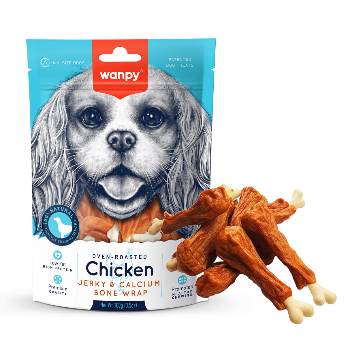 WANPY Jerky and Calcium Bone Wrap, XS-M, Pui, punguță recompense câini, 100g - poza 2