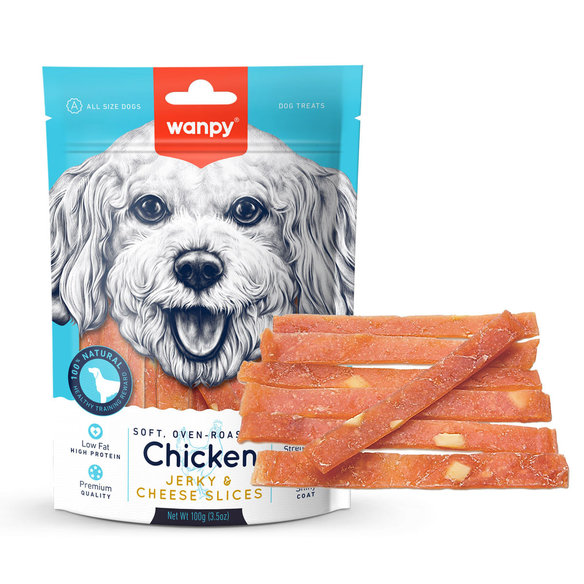 WANPY Jerky & Cheese Slices, XS-M, Pui și Brânză, punguță recompense câini (carne uscată), 70g WANPY Jerky & Cheese Slices, XS-M, Pui și Brânză, punguță recompense câini, (carne uscată), 70g - poza 1
