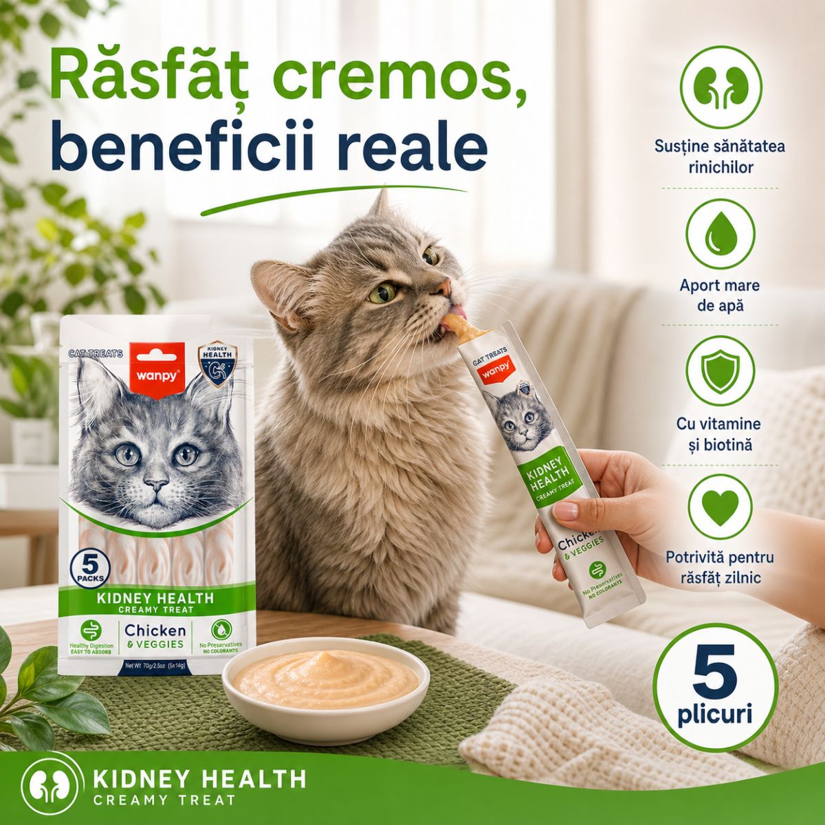 WANPY Kidney Health Creamy Treat, Pui și Legume, punguță recompense funcționale pisici, sistem renal, (piure), 70g - poza 3