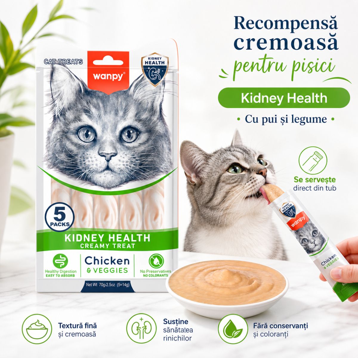 WANPY Kidney Health Creamy Treat, Pui și Legume, punguță recompense funcționale pisici, sistem renal, (piure), 70g - poza 4