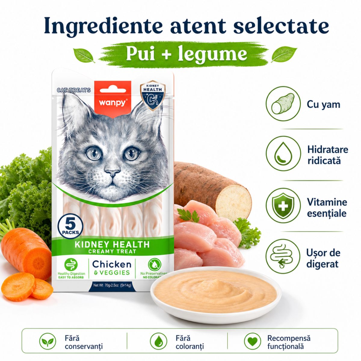 WANPY Kidney Health Creamy Treat, Pui și Legume, punguță recompense funcționale pisici, sistem renal, (piure), 70g - poza 5