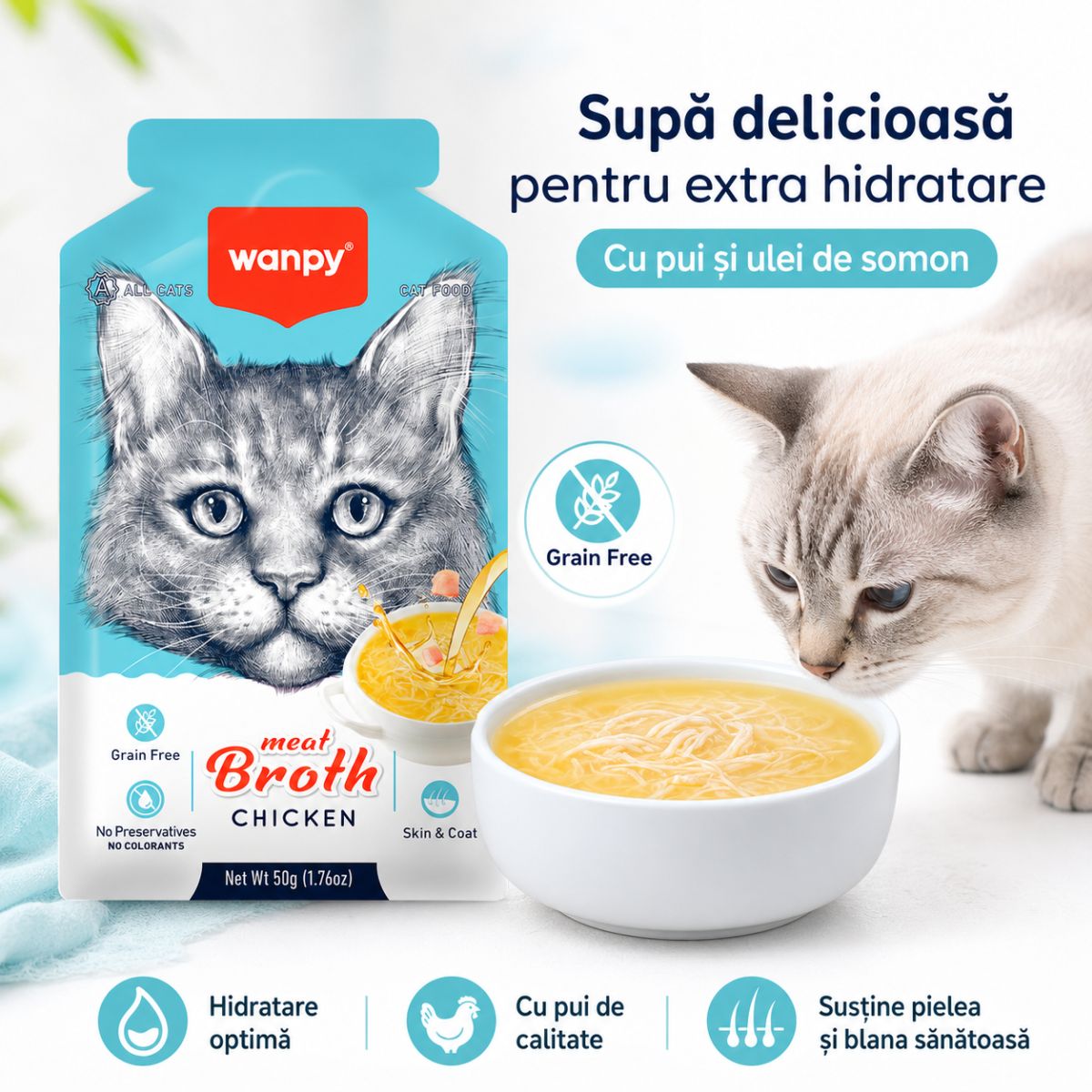 WANPY Meat Broth, Pui, plic hrană umedă pisici, (supă), 50g - poza 4