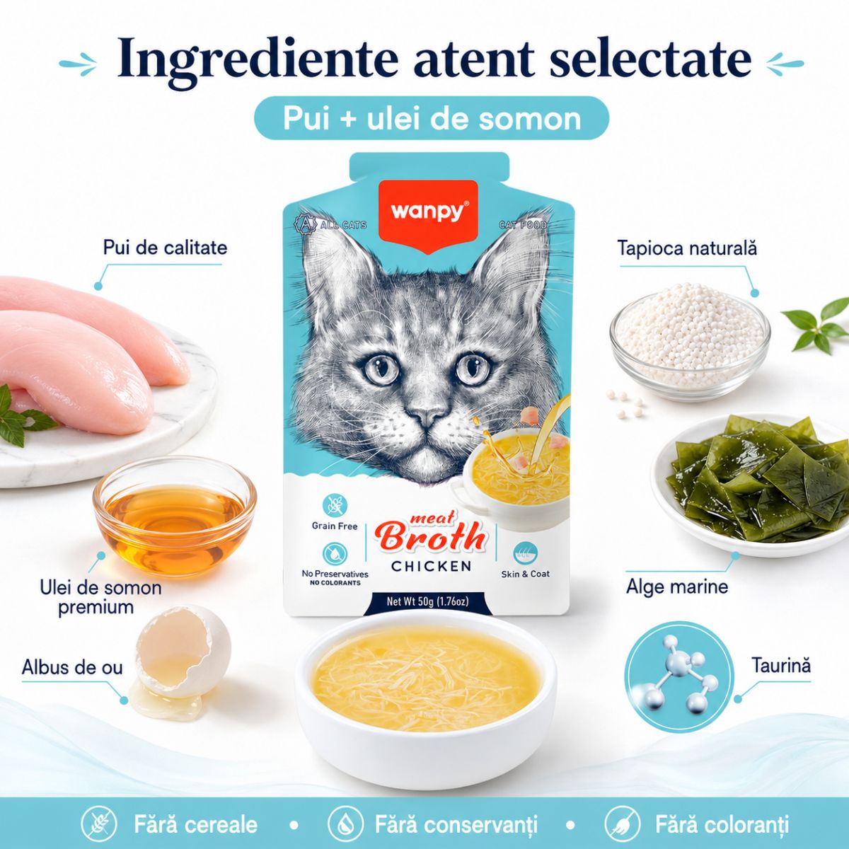 WANPY Meat Broth, Pui, plic hrană umedă pisici, (supă), 50g - poza 5