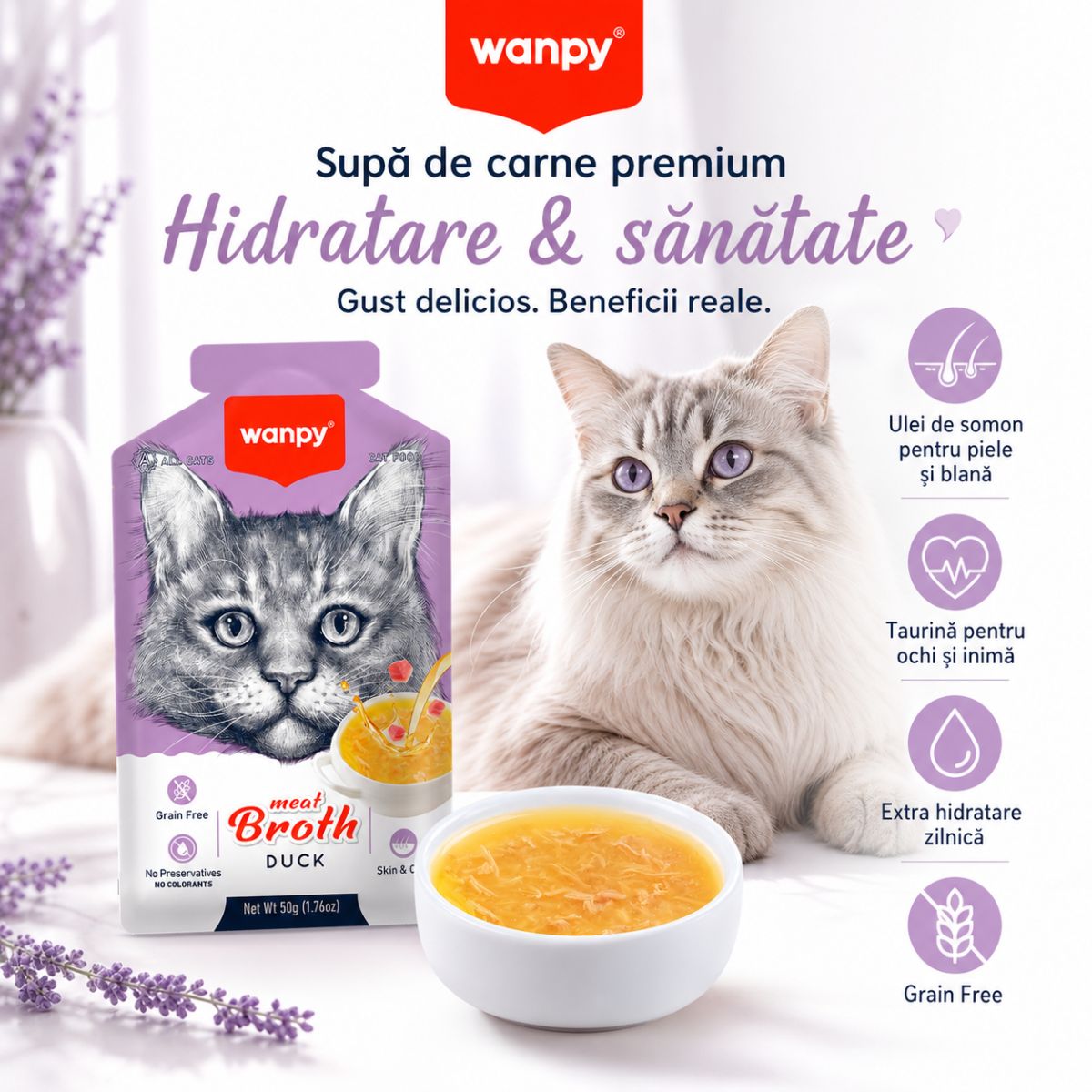 WANPY Meat Broth, Rață, plic hrană umedă pisici, (supă), 50g - poza 3