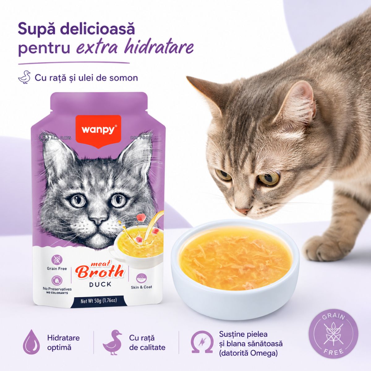WANPY Meat Broth, Rață, plic hrană umedă pisici, (supă), 50g - poza 4