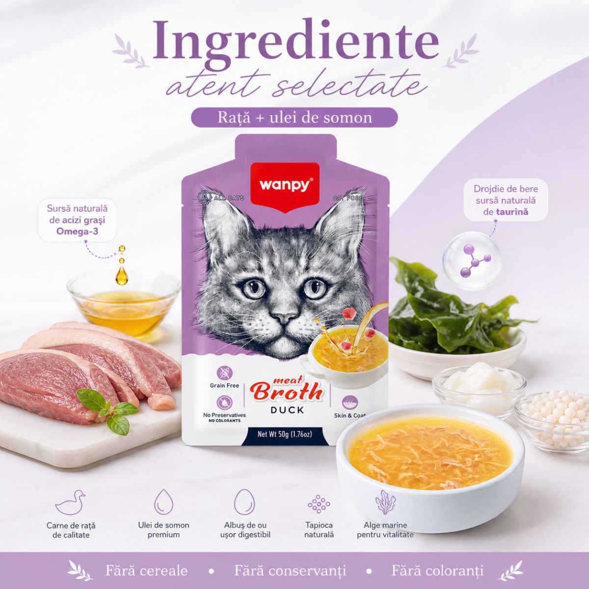 WANPY Meat Broth, Rață, plic hrană umedă pisici, (supă), 50g - poza 5