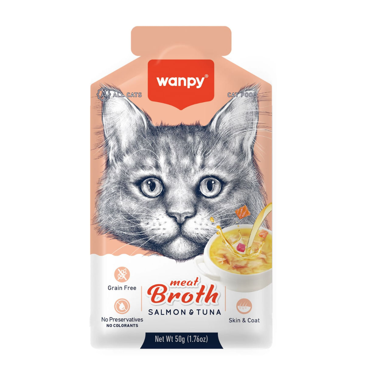 WANPY Meat Broth, Somon și Ton, plic hrană umedă pisici, (supă), 50g - poza 2