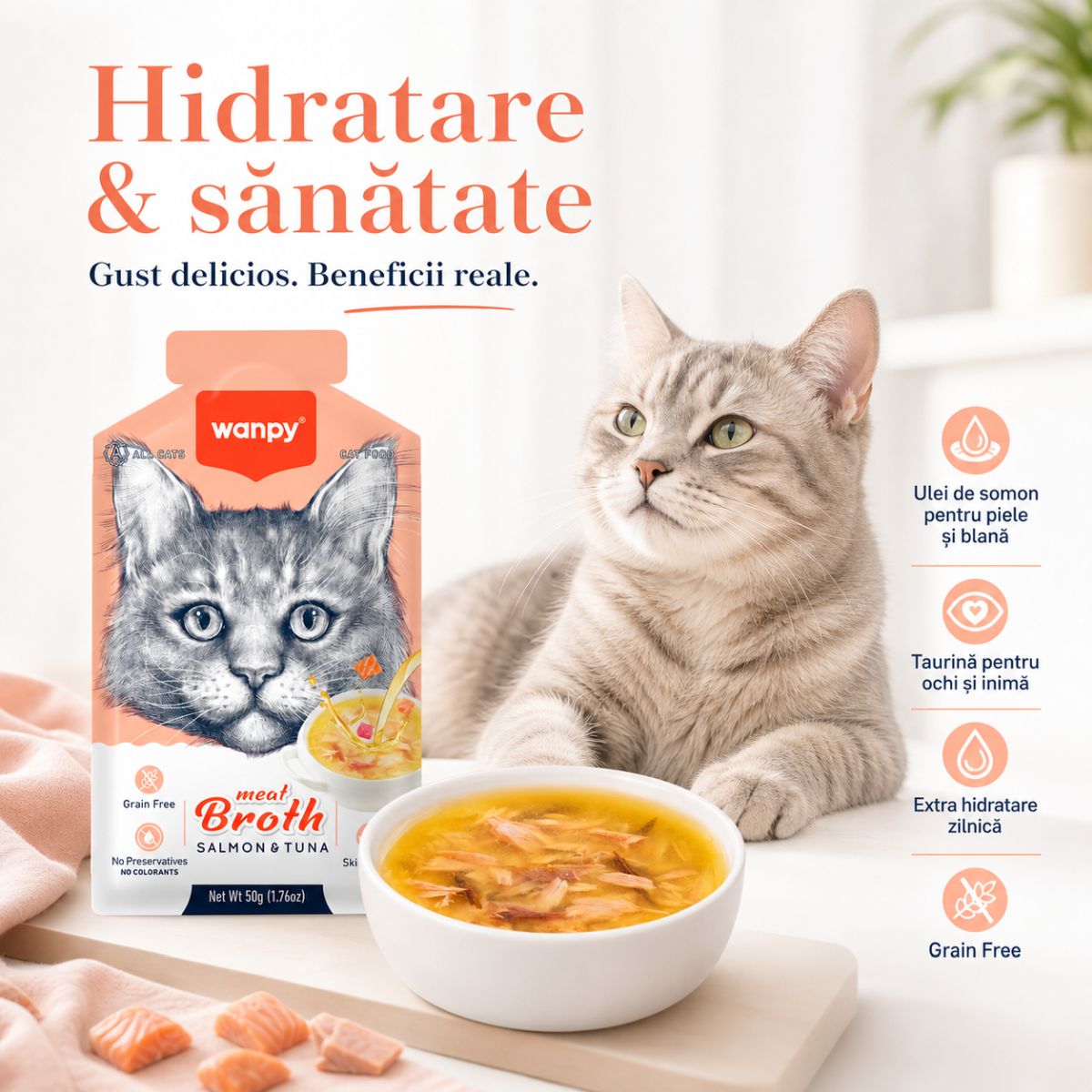 WANPY Meat Broth, Somon și Ton, plic hrană umedă pisici, (supă), 50g - poza 3