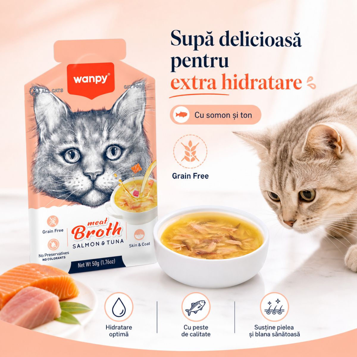 WANPY Meat Broth, Somon și Ton, plic hrană umedă pisici, (supă), 50g - poza 4