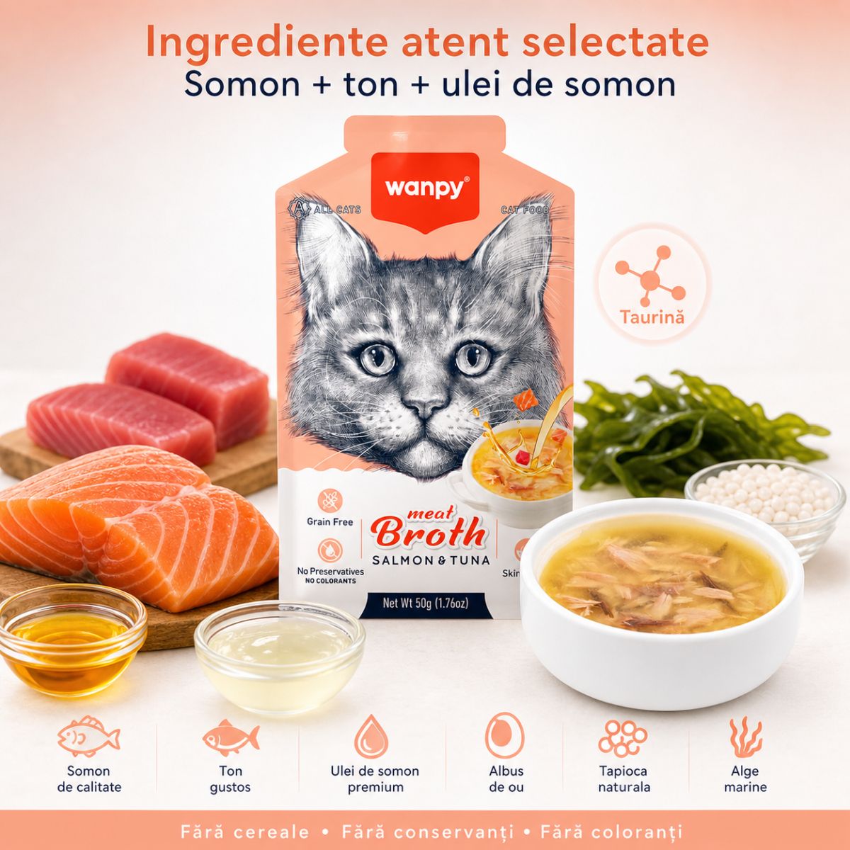 WANPY Meat Broth, Somon și Ton, plic hrană umedă pisici, (supă), 50g - poza 5