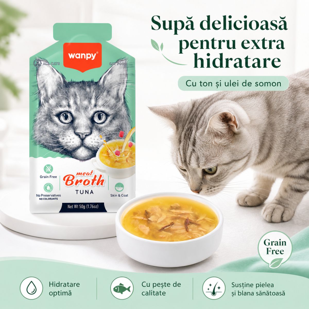 WANPY Meat Broth, Ton, plic hrană umedă pisici, (supă), 50g - poza 4