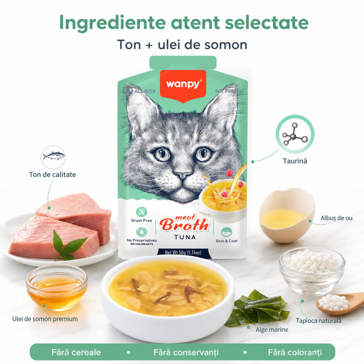 WANPY Meat Broth, Ton, plic hrană umedă pisici, (supă), 50g - poza 5