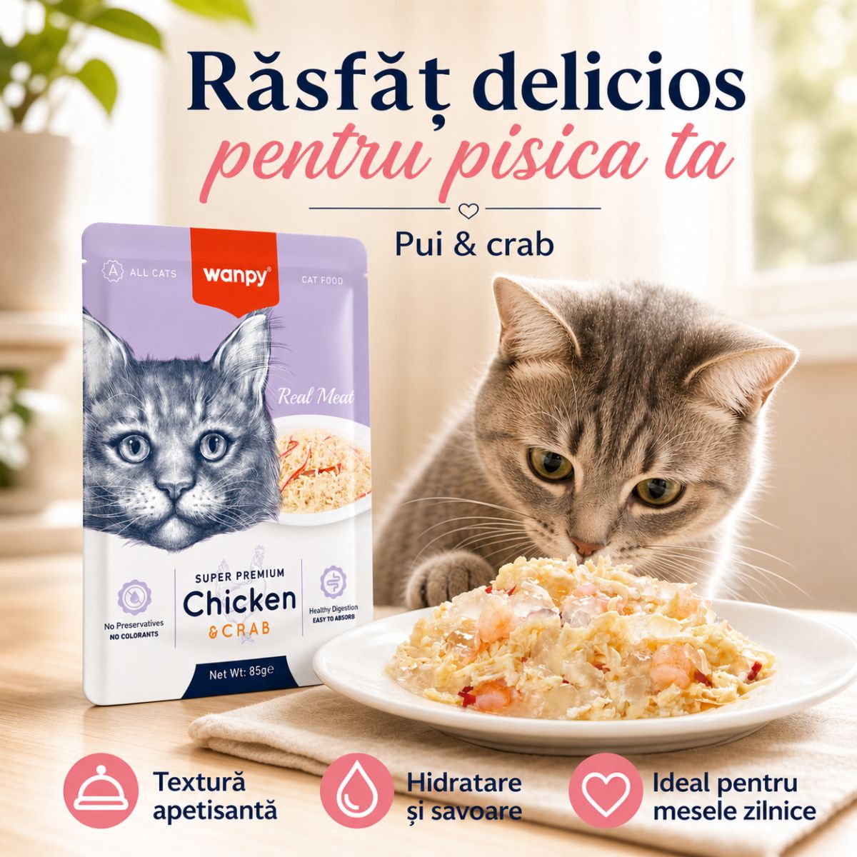 WANPY, Pui și Crab, punguță hrană umedă pisici, (în aspic), 85g - poza 3