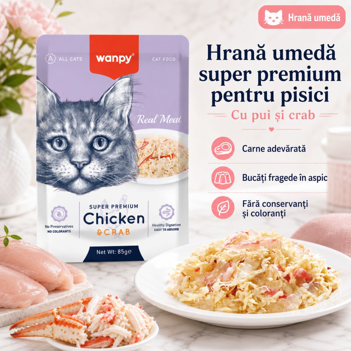 WANPY, Pui și Crab, punguță hrană umedă pisici, (în aspic), 85g - poza 4