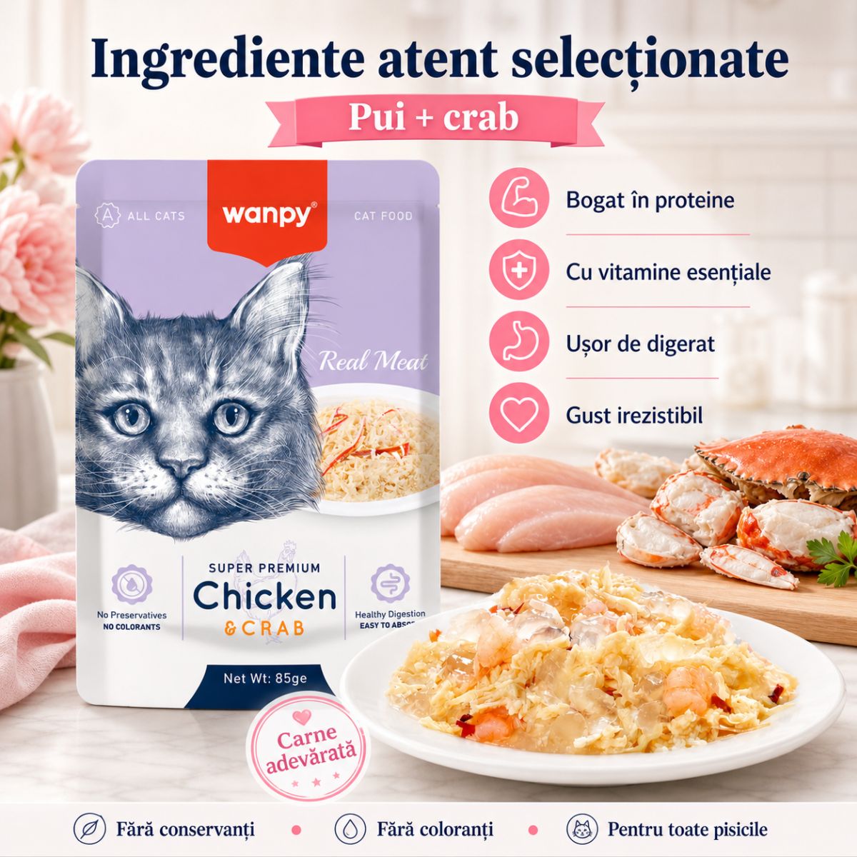 WANPY, Pui și Crab, punguță hrană umedă pisici, (în aspic), 85g - poza 5