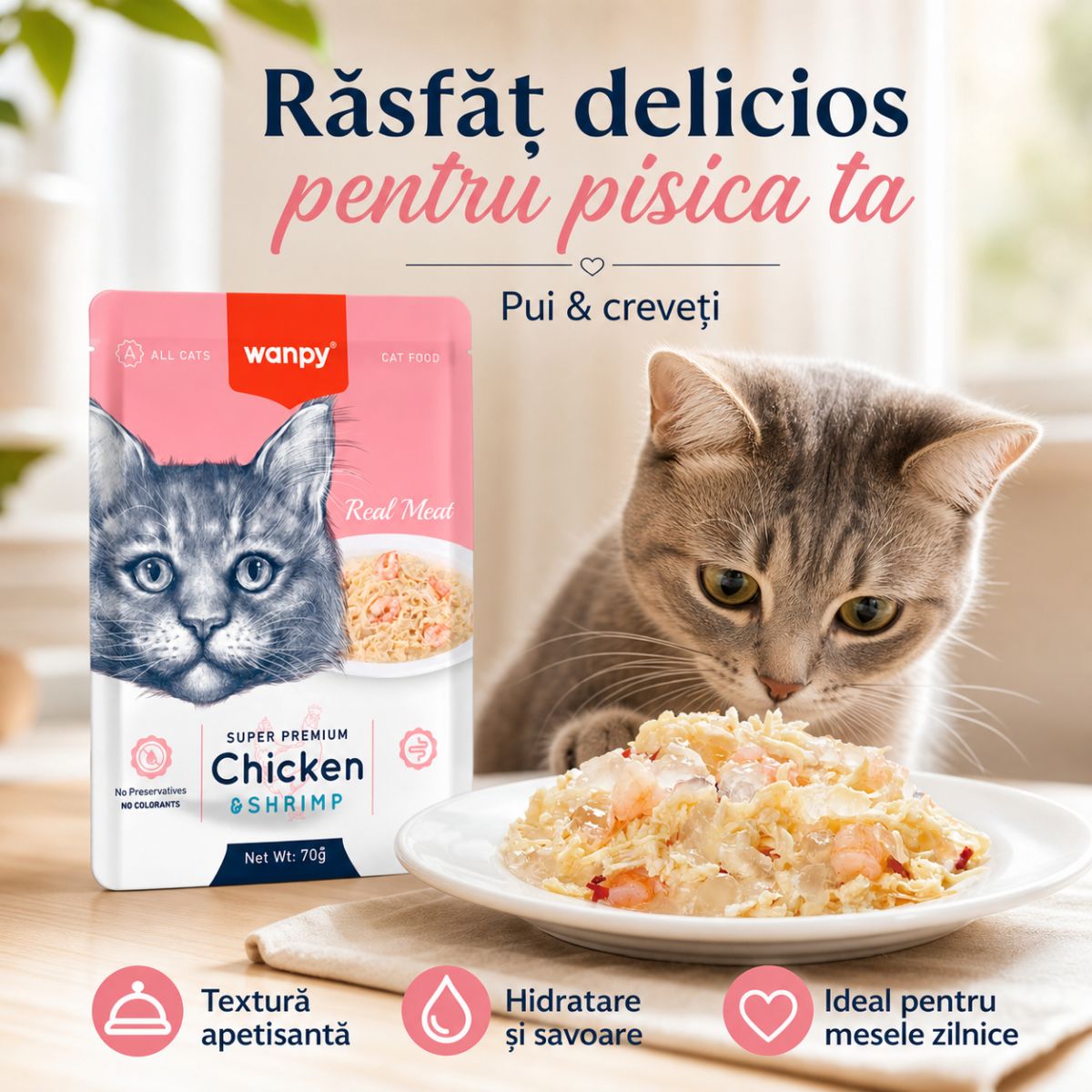 WANPY, Pui și Creveți, punguță hrană umedă pisici, (în aspic), 85g - poza 3