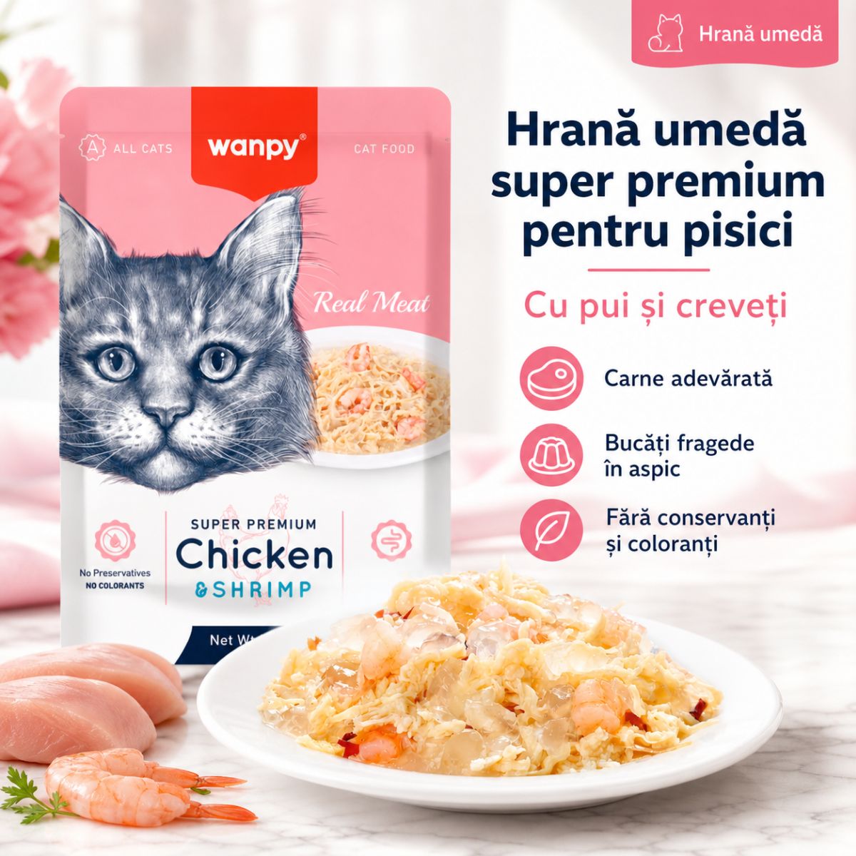 WANPY, Pui și Creveți, punguță hrană umedă pisici, (în aspic), 85g - poza 4