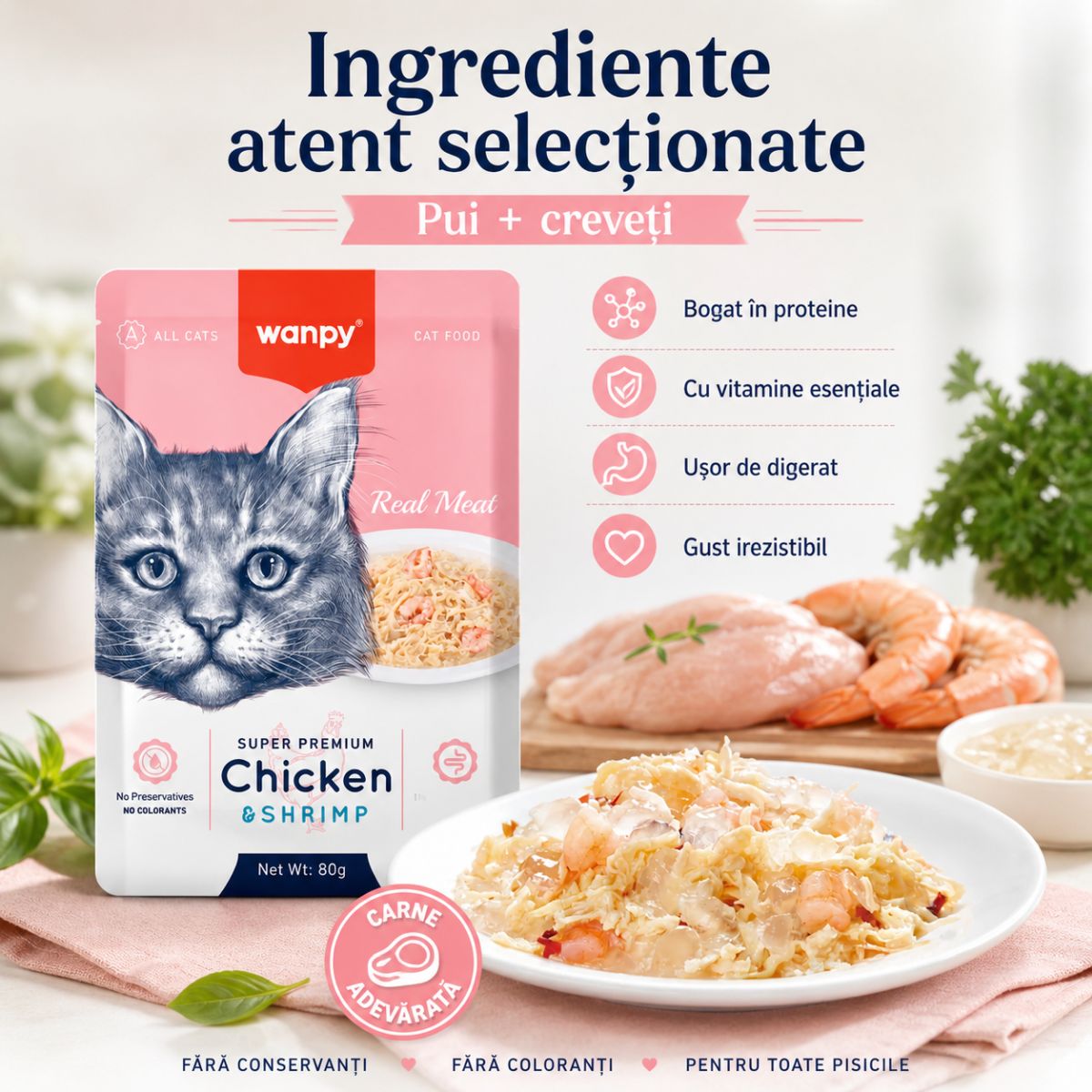 WANPY, Pui și Creveți, punguță hrană umedă pisici, (în aspic), 85g - poza 5