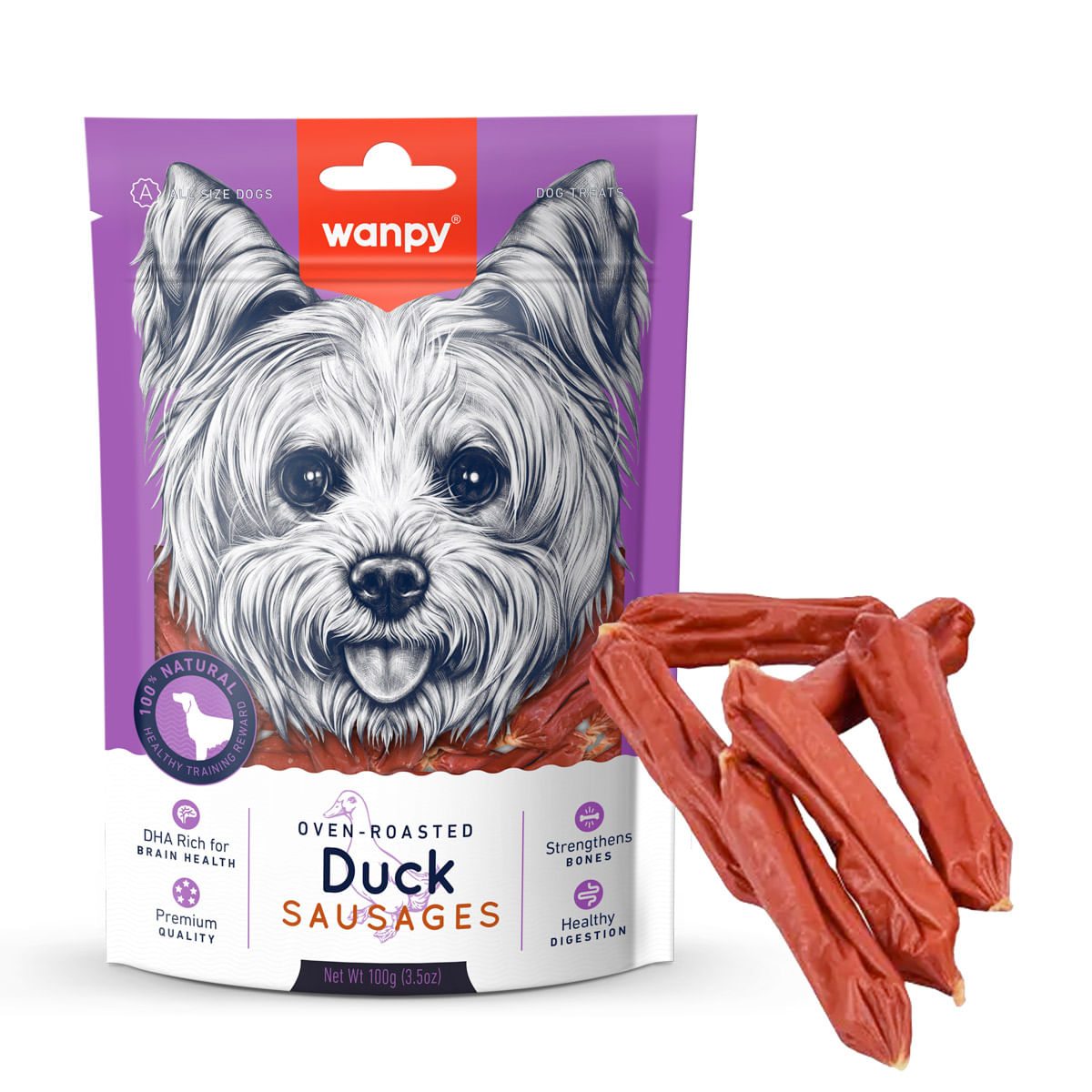WANPY Sausages, XS-M, Rață, punguță recompense câini, 100g - poza 2