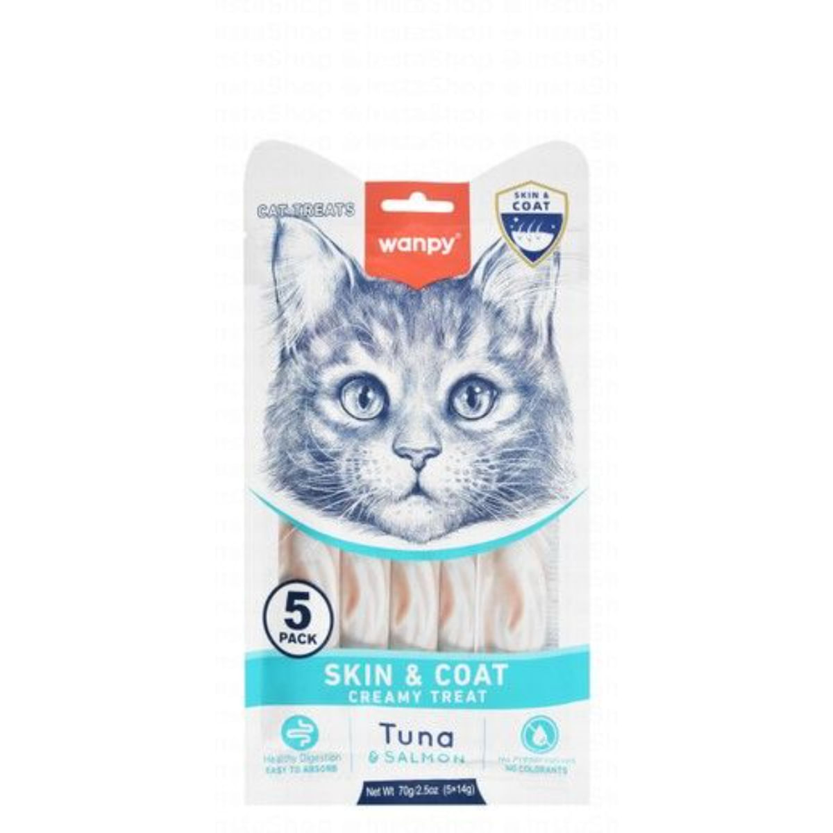 WANPY Skin & Coat Creamy Treats, Ton și Somon, punguță recompense funcționale pisici, piele & blană, (piure), 70g - poza 2