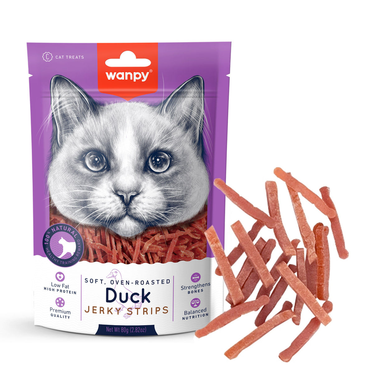 WANPY Soft Jerky Strips, Rață, punguță recompense pisici, 80g - poza 1