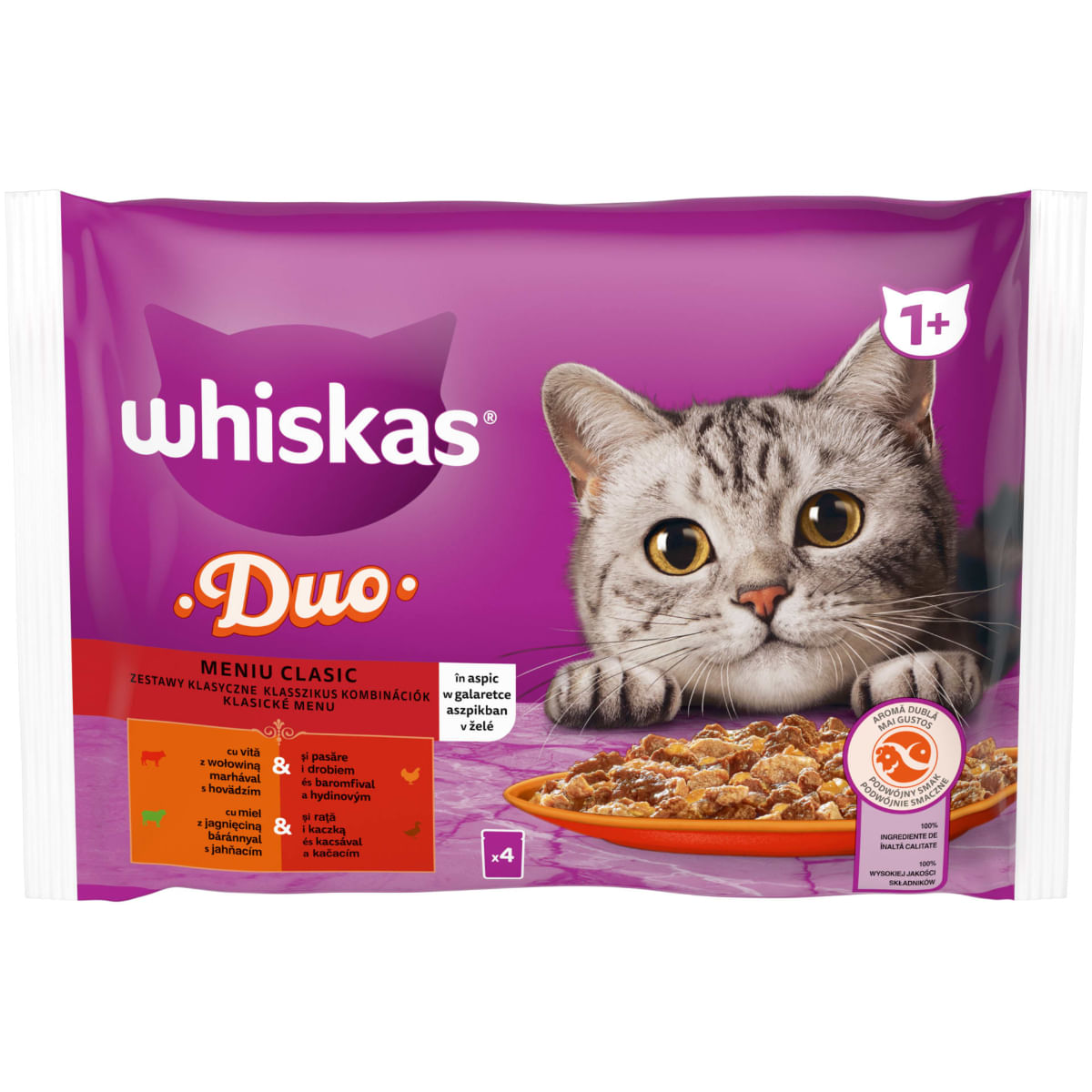 WHISKAS 1+ Duo Meaty Combos, Carne, plic hrană umedă pisici, (în aspic), multipack, 85g x 4buc - poza 2