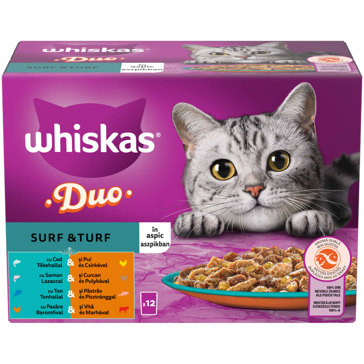 WHISKAS 1+ Duo Surf and Turf, Pasăre și Pește, plic hrană umedă pisici, (în aspic), multipack, 85g x 12buc - poza 1