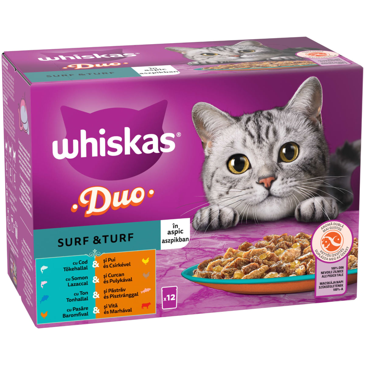 WHISKAS 1+ Duo Surf and Turf, Pasăre și Pește, plic hrană umedă pisici, (în aspic), multipack, 85g x 12buc - poza 3