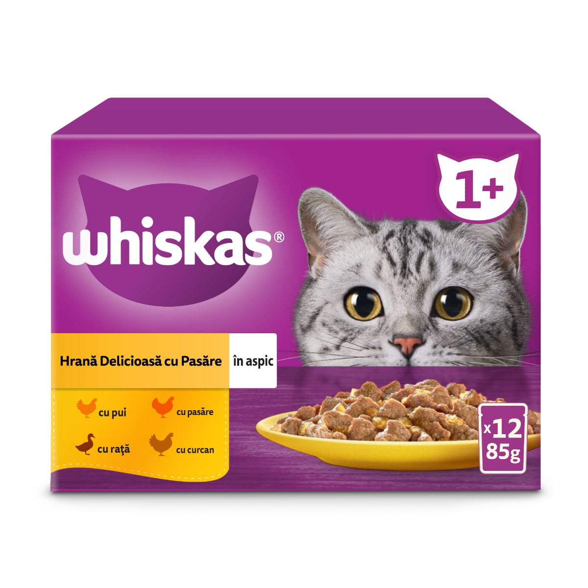 WHISKAS 1+ Poultry Feasts, Pasăre, plic hrană umedă pisici, (în aspic) WHISKAS 1+ Poultry Feasts Selectii, Pasăre, plic hrană umedă pisici, (în aspic), multipack, 85g x 12 - poza 1