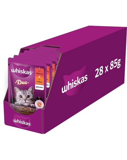 WHISKAS Adult plicuri hrana pisici 28x85 g in jeleu cu vita si pasare