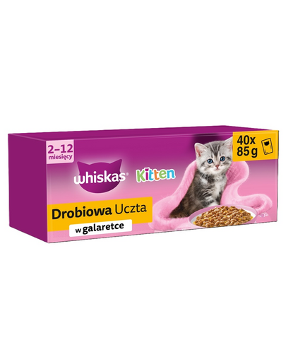 WHISKAS Junior Deliciu de Pasăre 40x85g hrană umedă cu pui, rață, pasăre și curcan în jeleu pentru pisoi