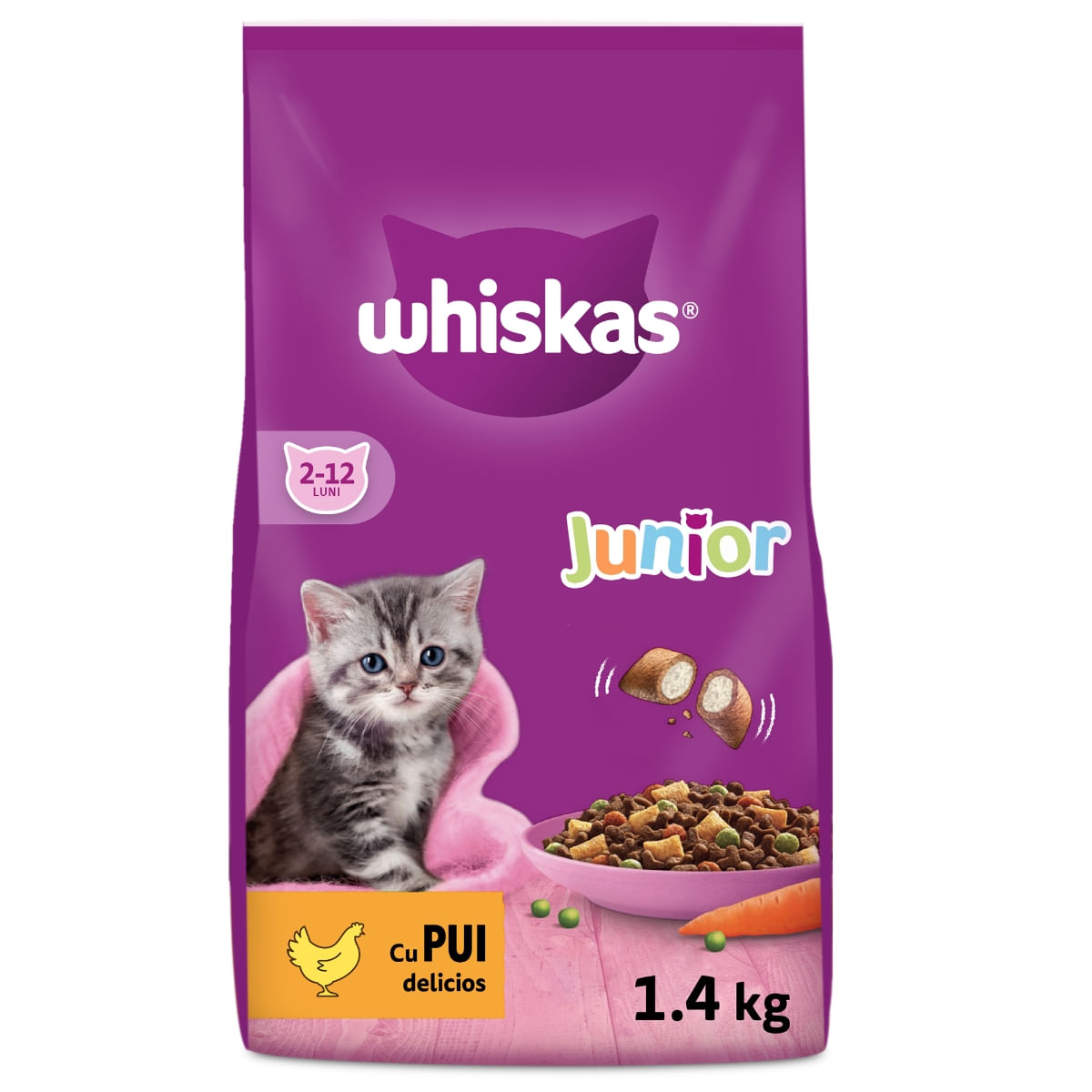 WHISKAS Junior, Pui, hrană uscată pisici junior, 1.4kg - poza 1