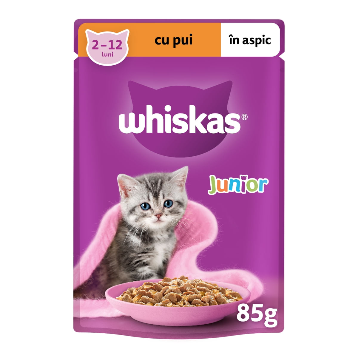WHISKAS Junior, Pui, plic hrană umedă pisici junior, (în aspic), 85g - poza 1