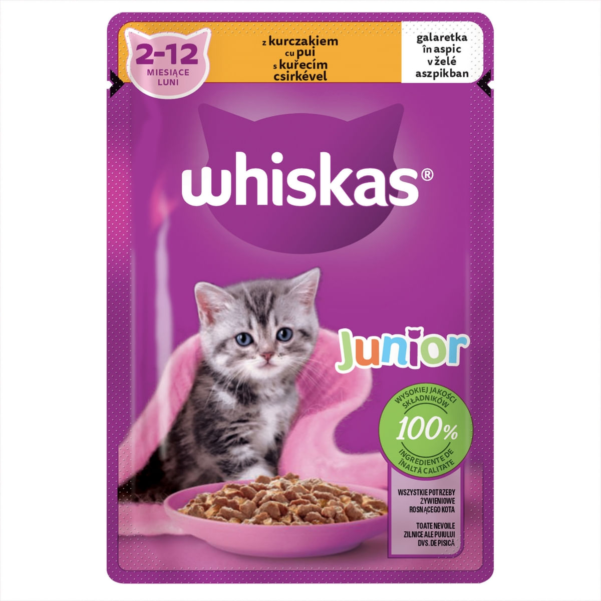 WHISKAS Junior, Pui, plic hrană umedă pisici junior, (în aspic), 85g - poza 2